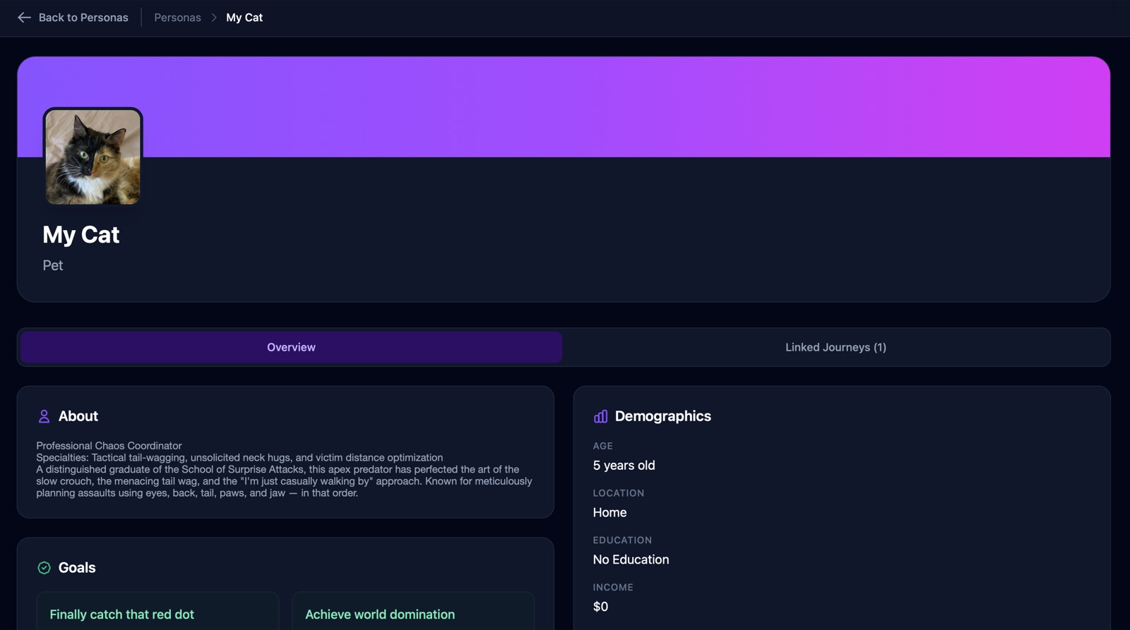 Persona profile page showing cat persona with bio, goals, and demographics