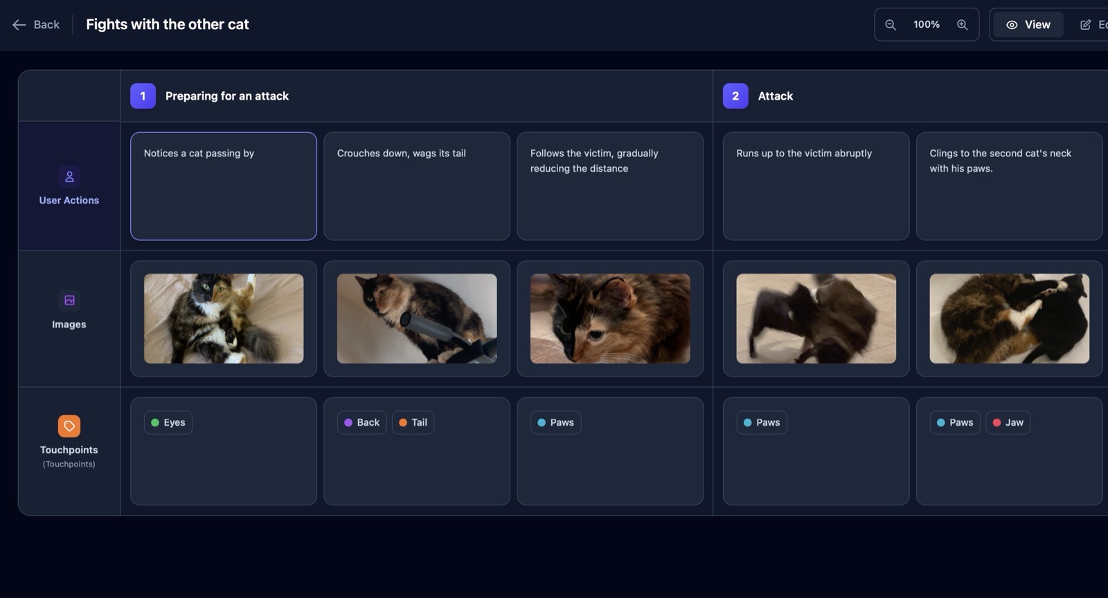 Stage Editor - Customer journey stage with user actions, images, and touchpoints organized in a visual grid
